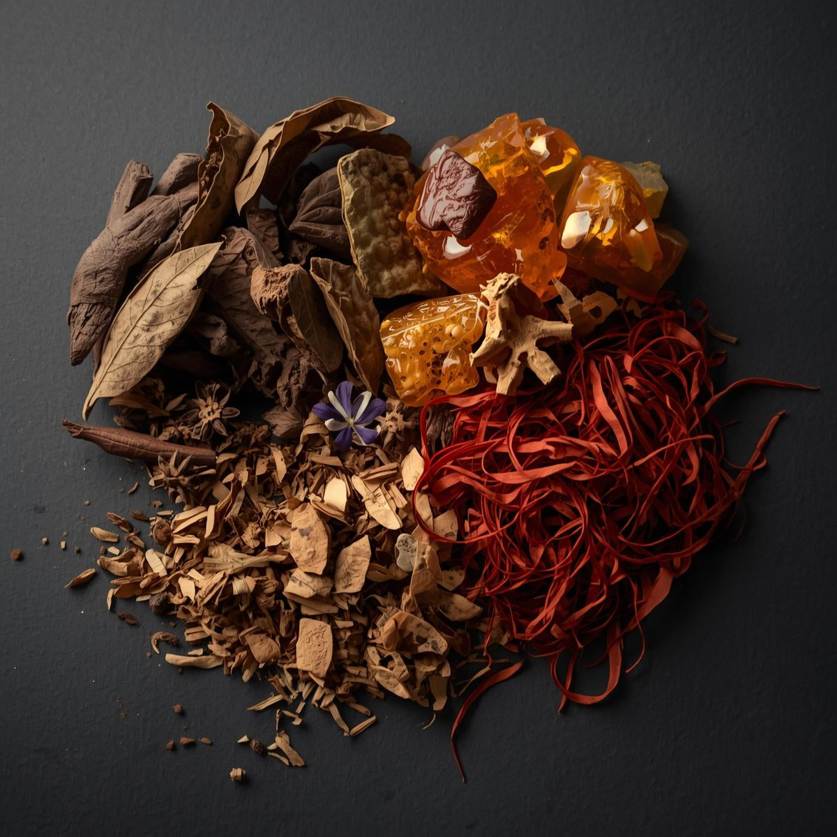 Un semicírculo de hierbas secas, corteza, cera de soja, resina de naranja y azafrán rojo rodea la Barra de chocolate Wax Melts Fleur-de-Bois MADERA DE MEDIANOCHE de Fleur-de-Bois y una flor púrpura sobre una superficie oscura.