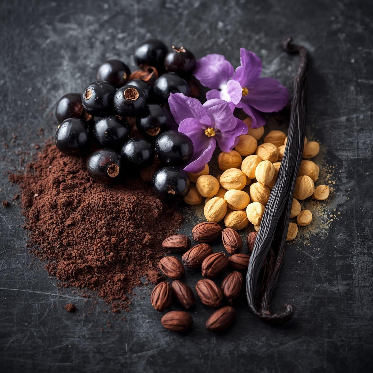 Un cúmulo de cacao en polvo, grosellas negras, avellanas y vainilla evoca el rico aroma de Fleur-de-Bois Wax Melts Barra de chocolate OSCURA TENTACIÓN, perfecto como irresistible regalo aromático.