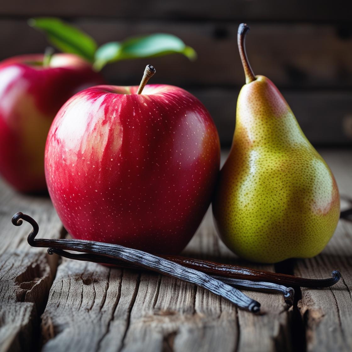 Una manzana roja y una pera verde-amarilla descansan sobre madera rústica con vainas de vainilla, evocando el encanto romántico de las Margaritas Clásico de Cera de Soja PERLA DE POMA de Fleur-de-Bois; el fondo de madera está suavemente difuminado.