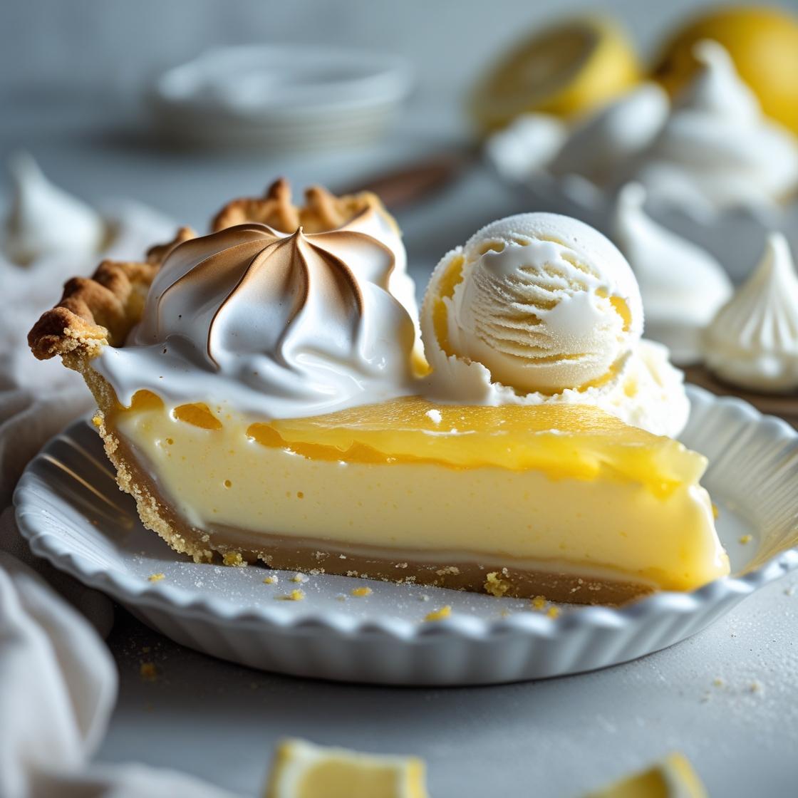 Una porción de tarta de limón con merengue dorado y tostado se encuentra en un plato blanco junto a un helado de vainilla. Cerca, migas y trozos de merengue se asemejan a la Fleur-de-Bois Wax Melts Barra de chocolate PIE DE LIMÓN.