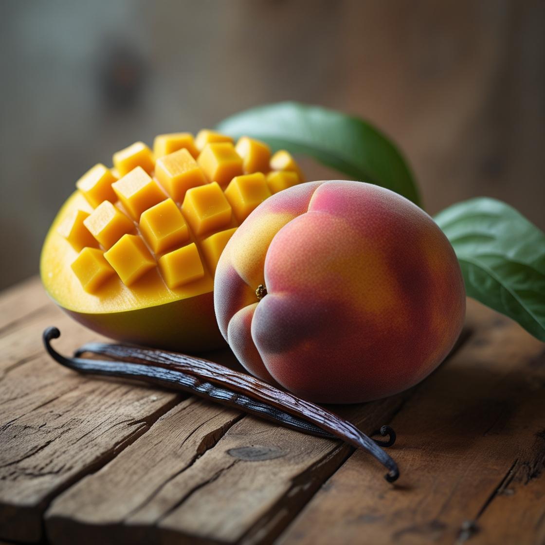 El melocotón jugoso y los dados de mango sobre madera rústica evocan los frescos aromas de la Barra de chocolate PURA FRUTA de Fleur-de-Bois, elaborada con cera de soja, ideal como regalo personalizado.