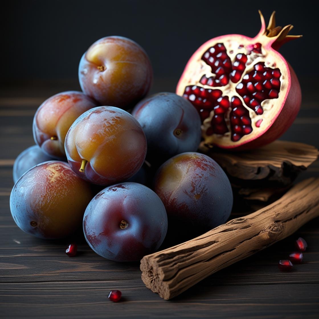 Ciruelas moradas maduras descansan junto a una granada partida por la mitad y una corteza de madera sobre una superficie oscura, con semillas esparcidas y Fleur-de-Bois Wax Melts Barra de chocolate MADERA MORADA completando la acogedora escena.