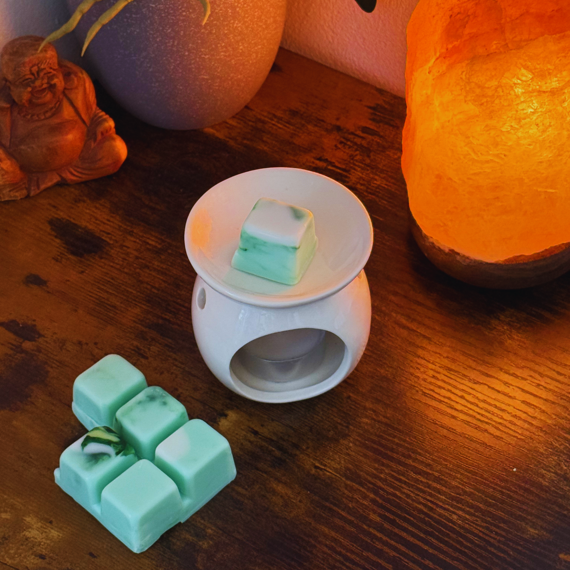 Un calentador de cera de cerámica blanca sostiene un wax melts en forma de Barra de chocolate LIMA SAUVAGE Wax Melts Fleur-de-Bois verde y blanca sobre una superficie de madera cerca de una lámpara de sal naranja, fundentes adicionales, una maceta y una estatua de Buda, ideal como regalo personalizado.