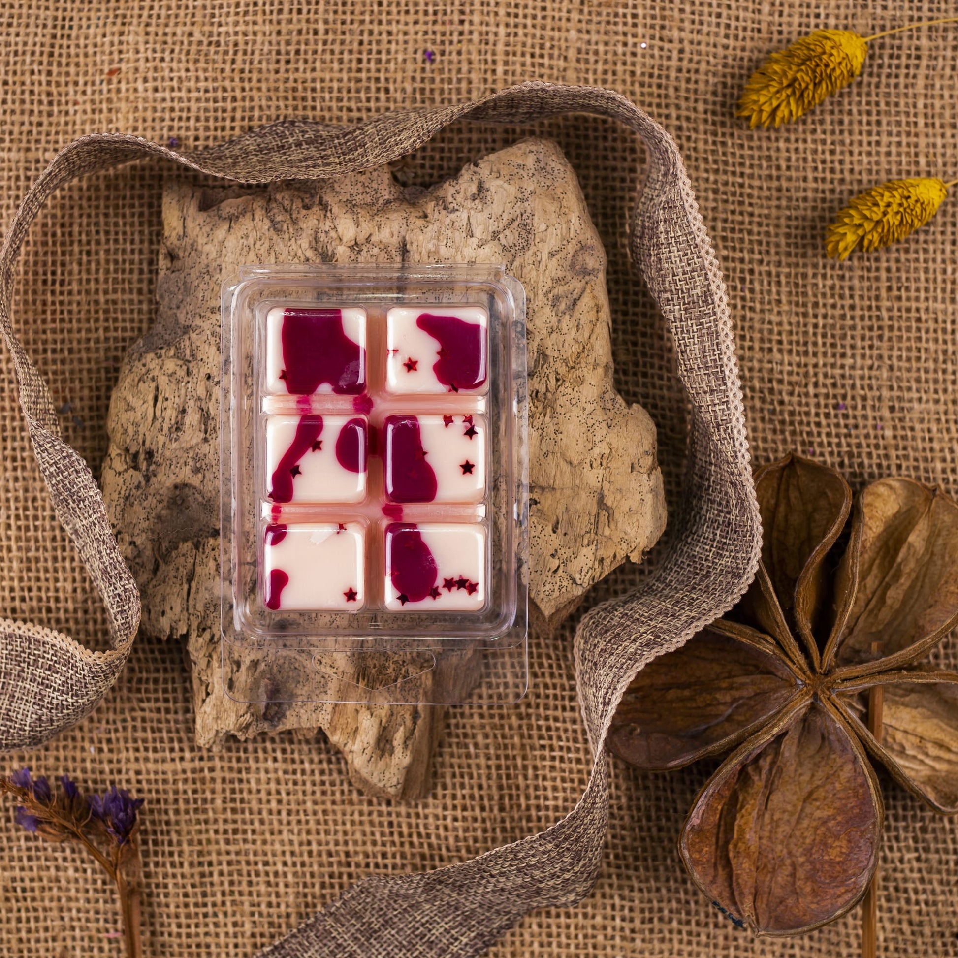 Un recipiente de plástico contiene seis Melts de cera de Fleur-de-Bois hechos a mano, de color crema y salpicados de rojo Barra de chocolate MADERA DE MEDIANOCHE, expuestos sobre madera con arpillera, una cinta marrón, flores secas y una gran vaina de semillas.
