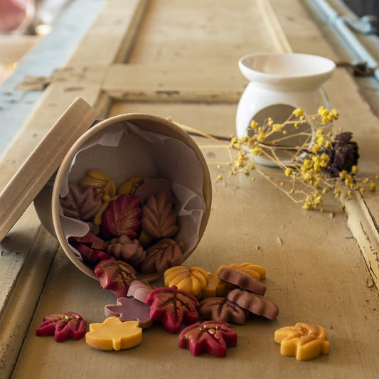 Un recipiente volcado derrama coloridos Fundidos de Cera Esencias en Miniatura DELIRIOUS AUTUMN Fleur-de-Bois sobre una rústica superficie de madera, con un calentador de cera blanco y flores secas que evocan acogedoras fragancias artesanales Fleur-de-Bois.