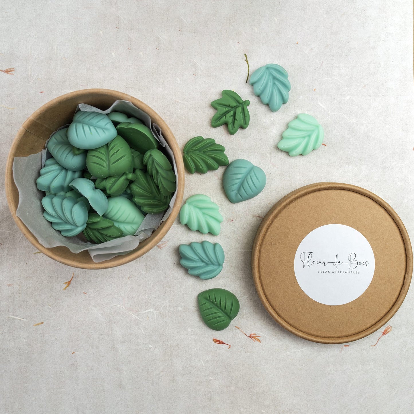 Una caja redonda de papel kraft etiquetada "Fleur-de-Bois" contiene wax melts Esencias en Miniatura HOJAS SUELTAS de Fleur-de-Bois, en forma de hojas verdes y azules, con fragancias artesanales esparcidas a su lado sobre una superficie clara.